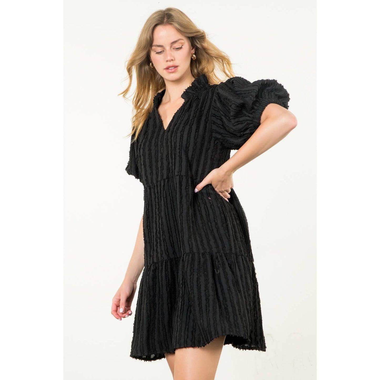 Stella Tiered Puff Sleeve Textured Dress
