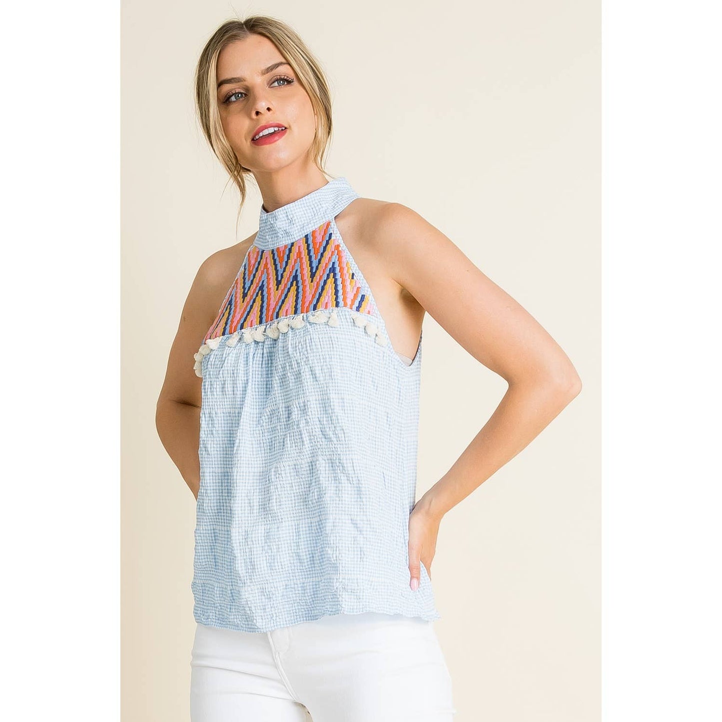 Embroidered Gingham Print Halter Top