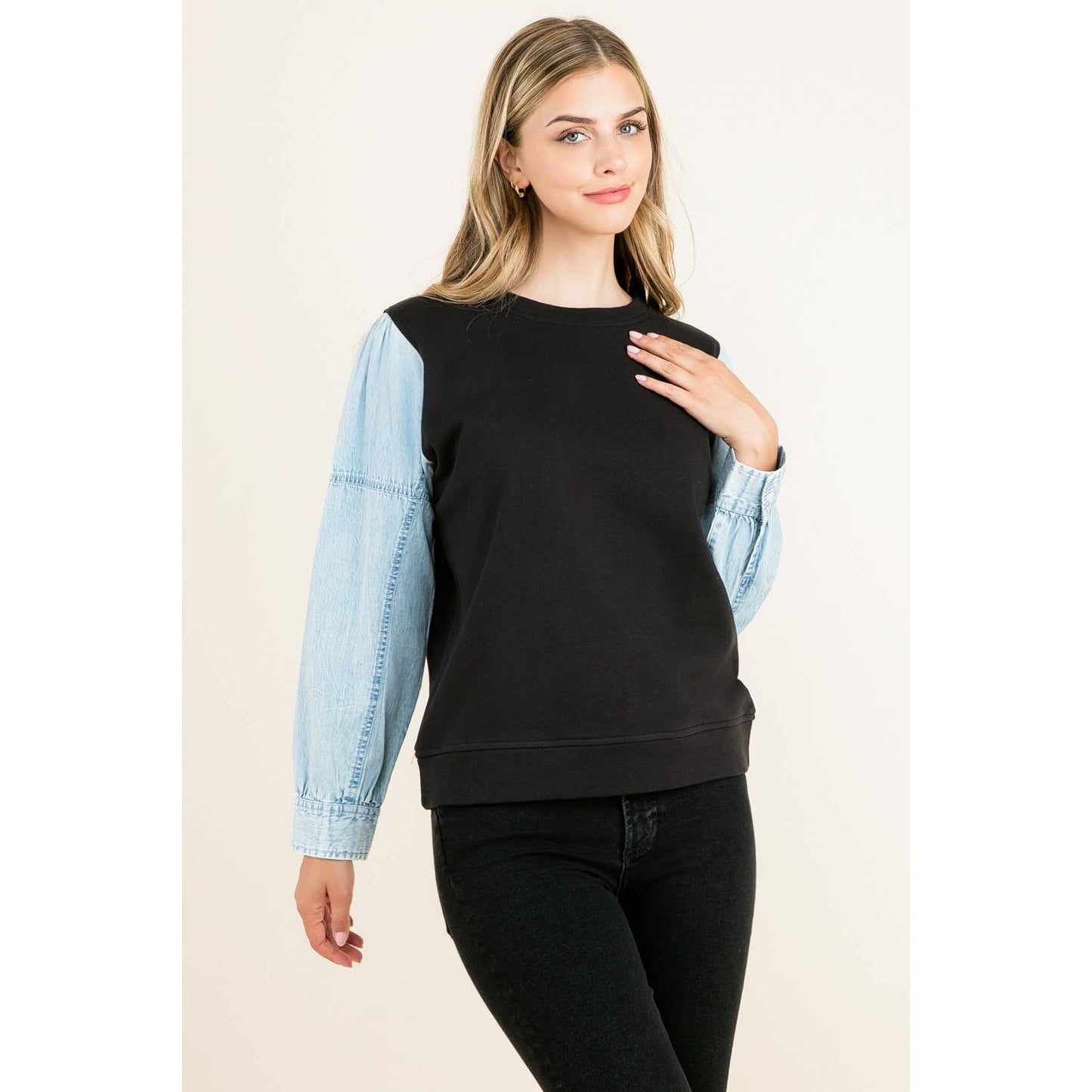 Knit Denim Sleeve Top: BLACK