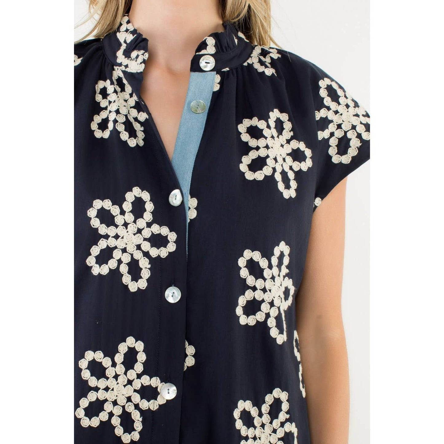 Fallon Embroidered Cap Sleeve Dress: NAVY