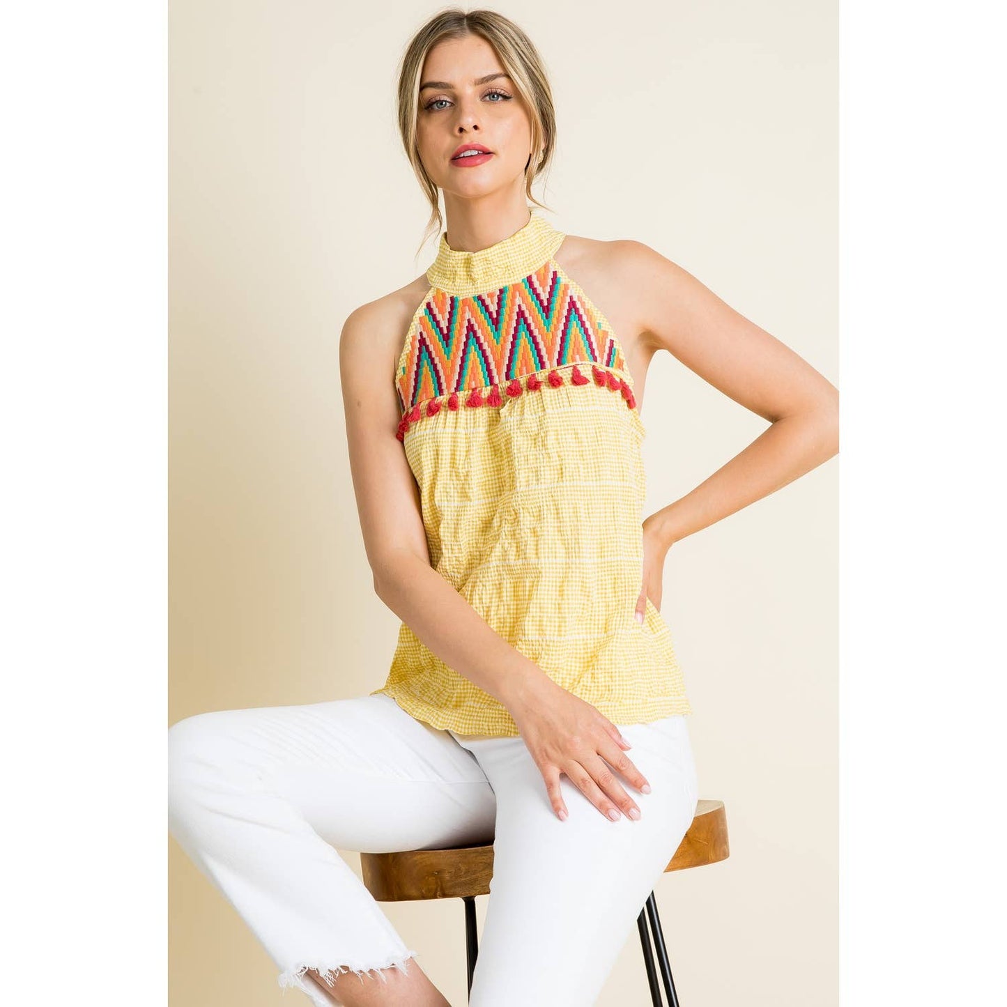 Embroidered Gingham Print Halter Top: YELLOW