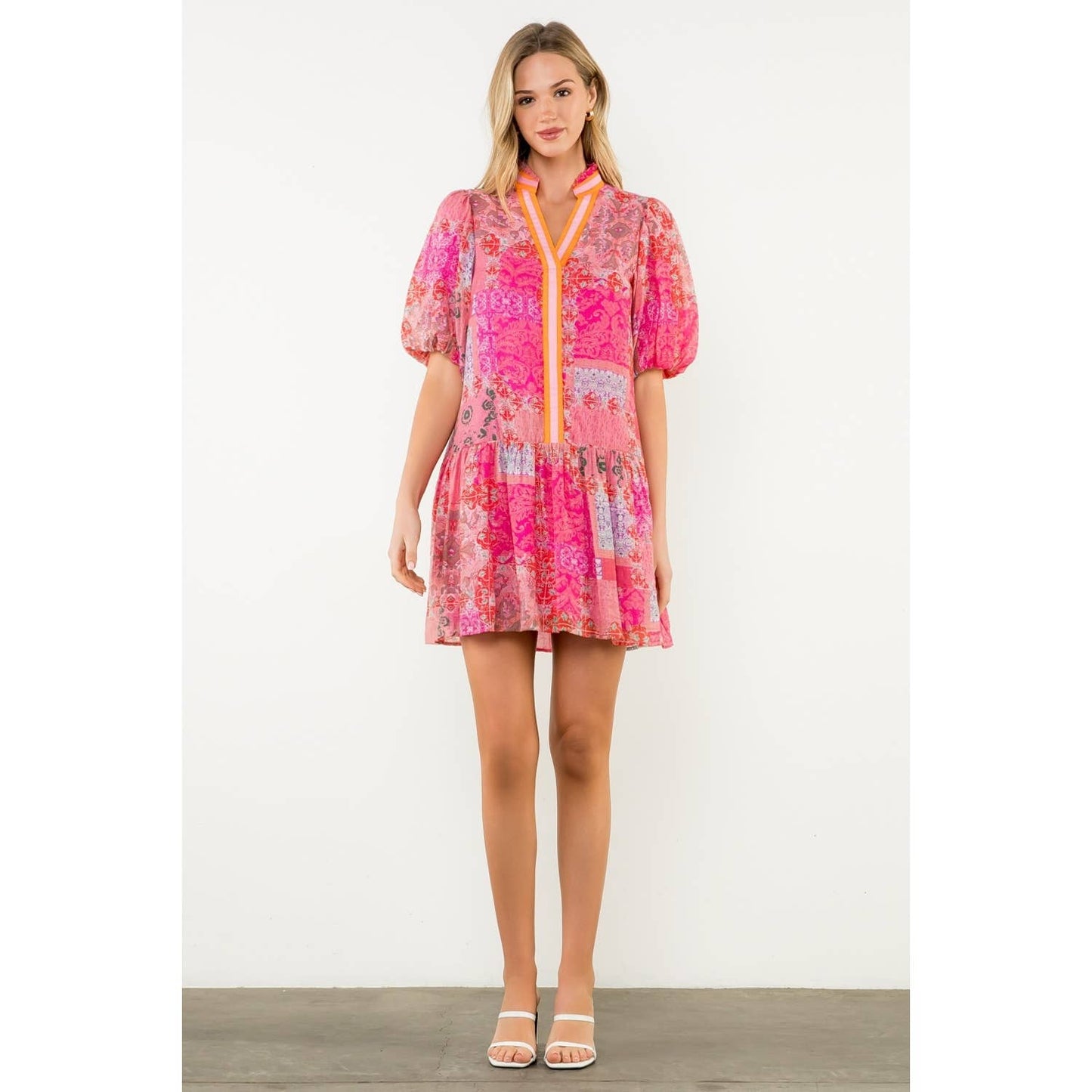 Puff Sleeve Multi Print Dress: PINK