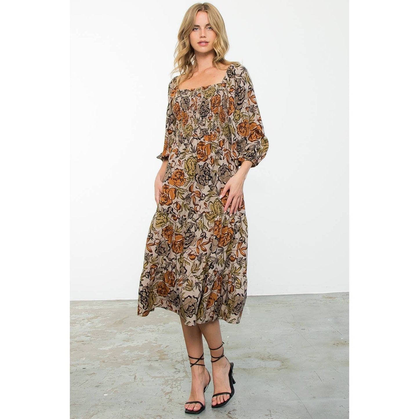 Balloon Sleeve Smocked Floral Print Maxi Dress: TAUPE / XS-S-M-L(1-2-2-1)