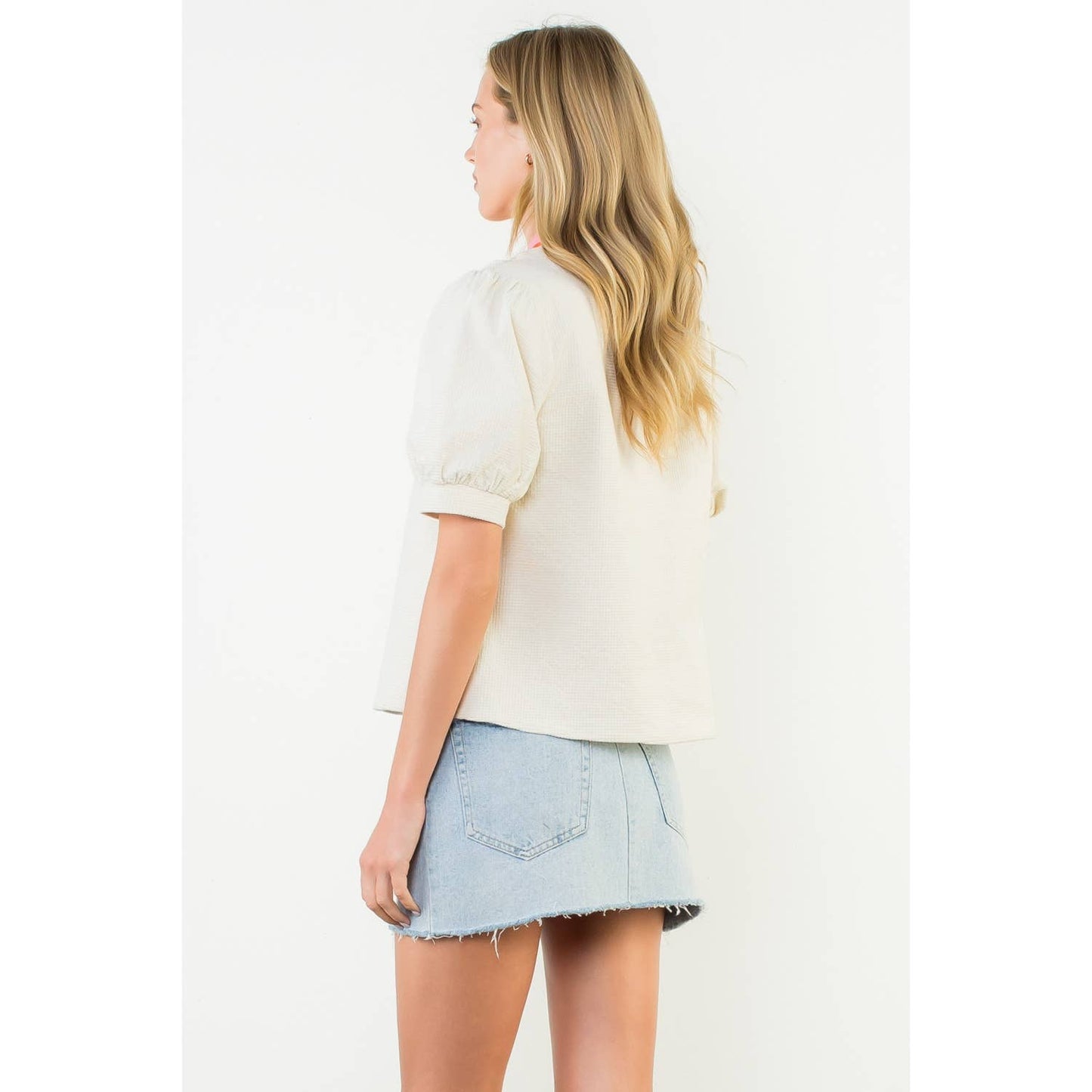 Breckan Puff Sleeve Textured V-Neck Top