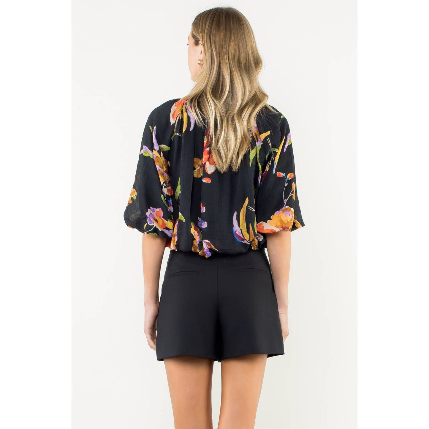 Striped Floral Puff Sleeve Blouse: BLACK / XS-S-M-L(1-2-2-1)
