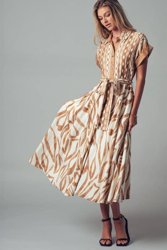 Abstract Print Button-Down Midi Dress: NAVY / S-2/M-2/L-2