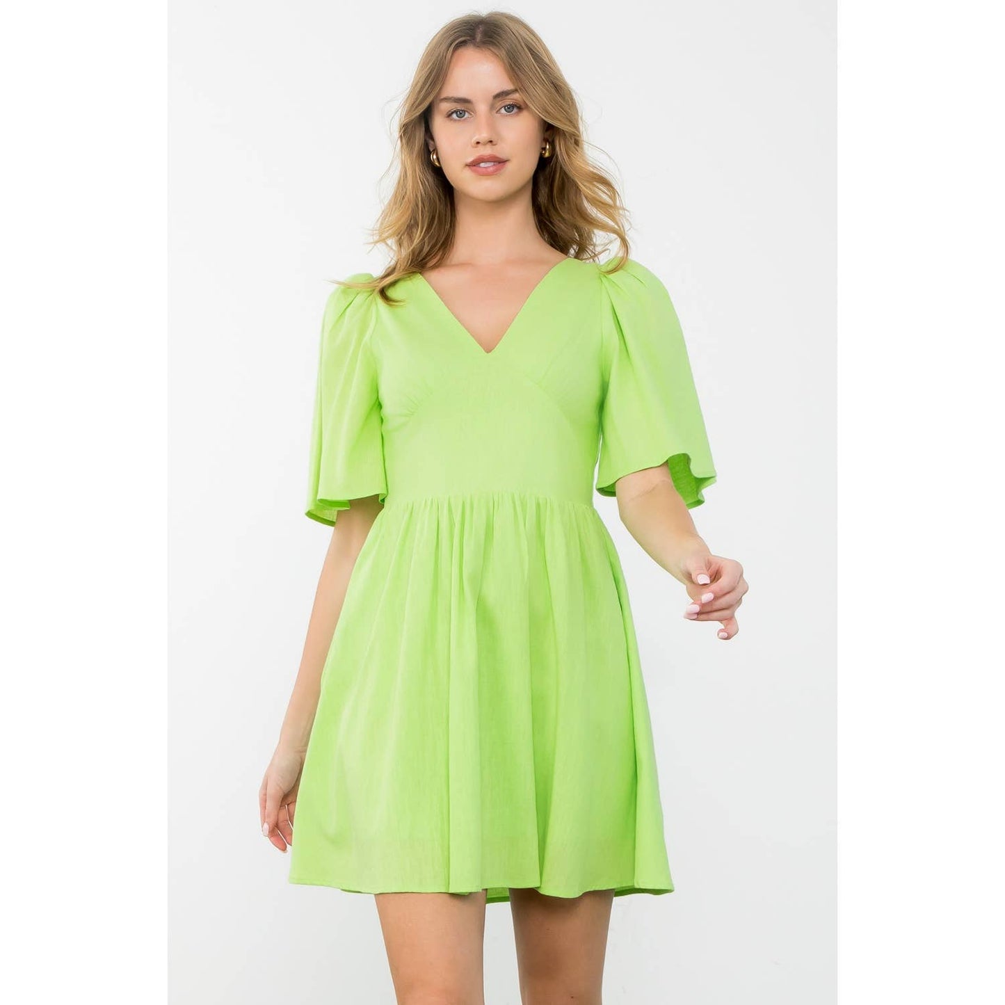 Avery Puff Sleeve V-Neck Solid Mini Dress: LIME