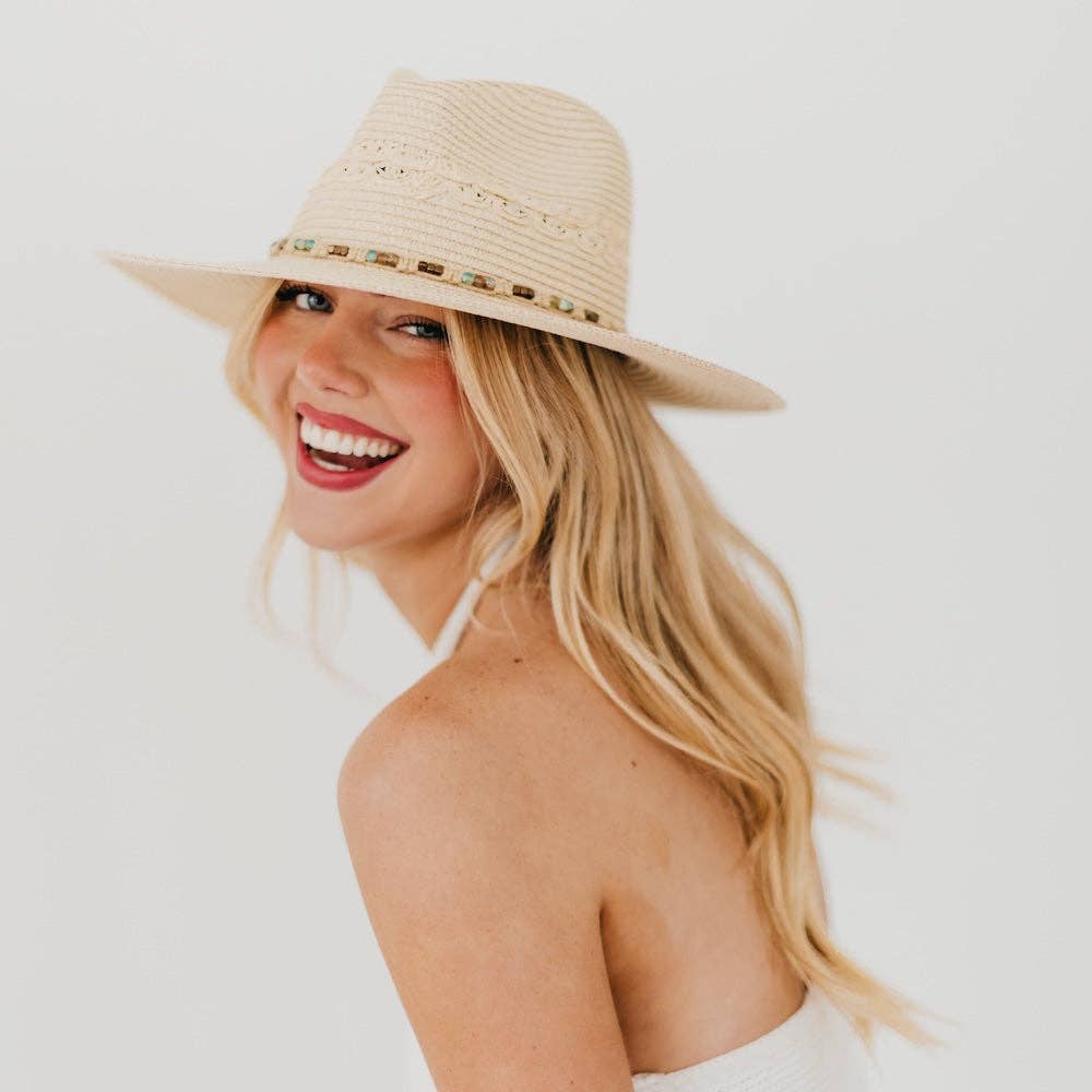Isabella Woven Beaded Band Straw Sun Hat: Beige