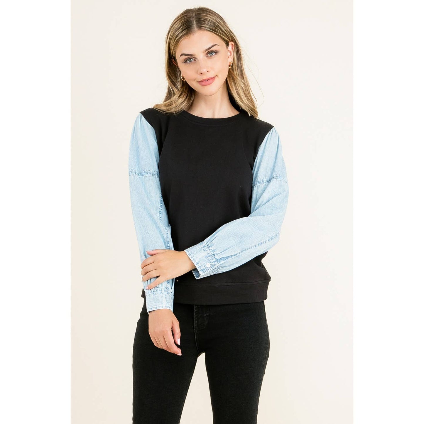 Knit Denim Sleeve Top: BLACK