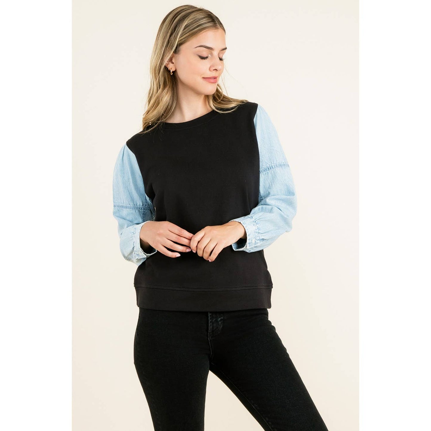 Knit Denim Sleeve Top: BLACK