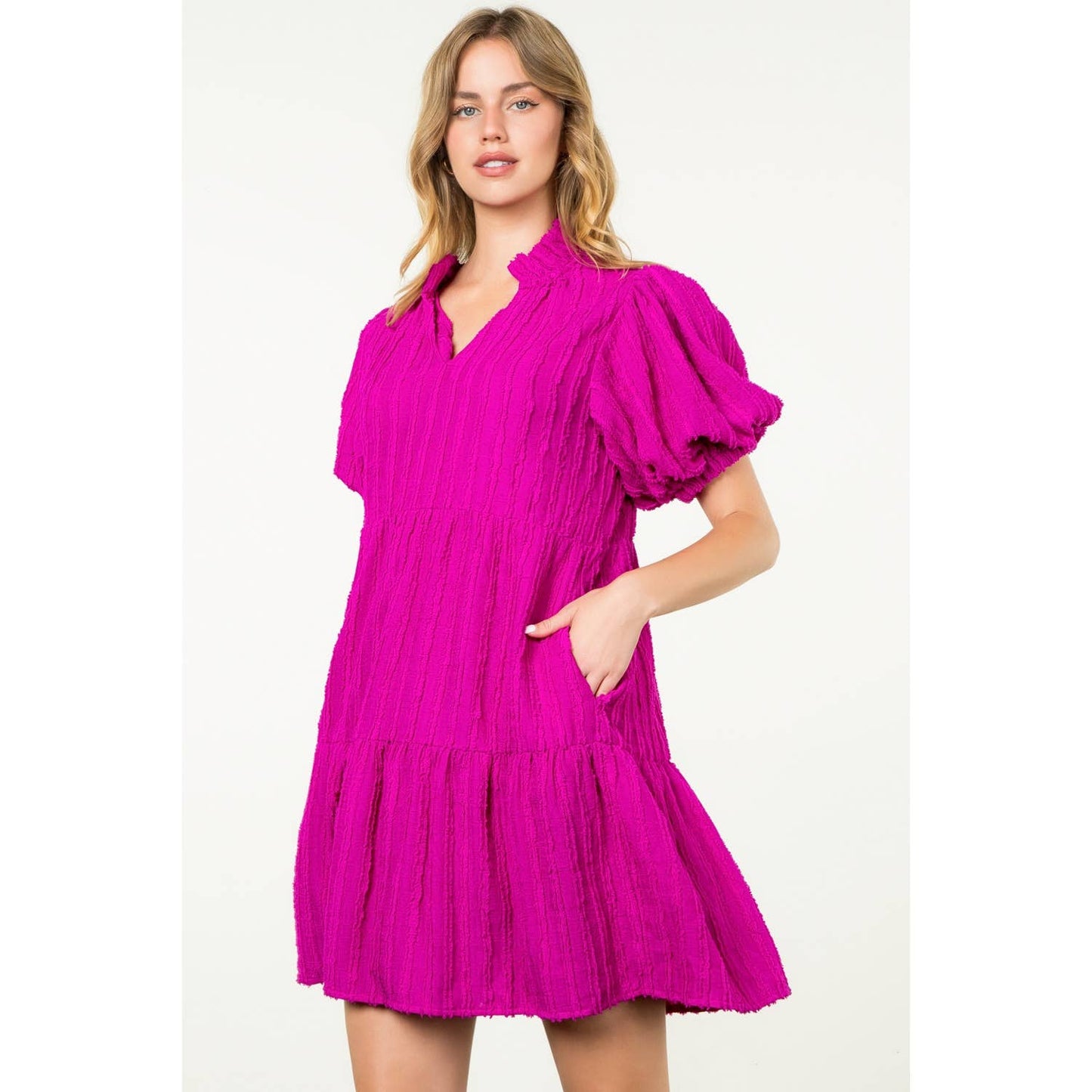 Stella Tiered Puff Sleeve Textured Dress
