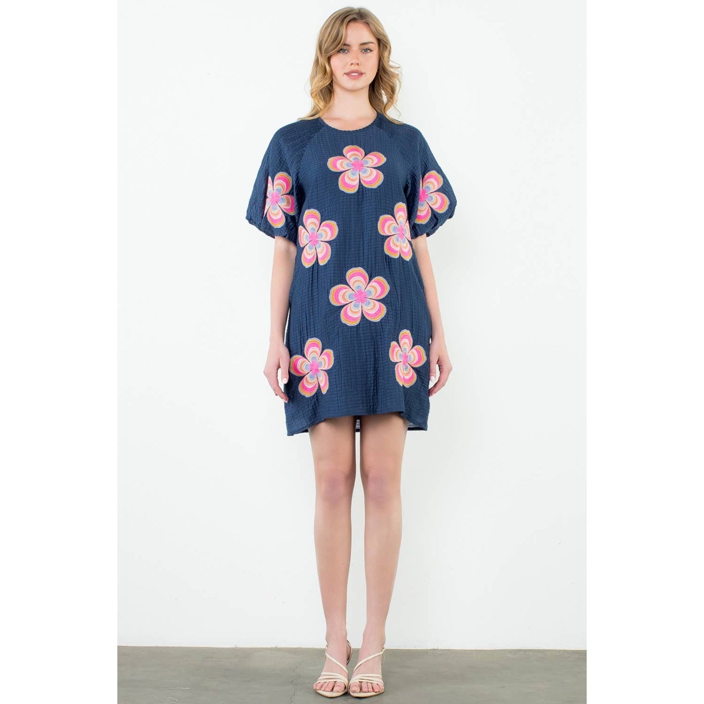 Flower Embroidered Textured Dress: NAVY