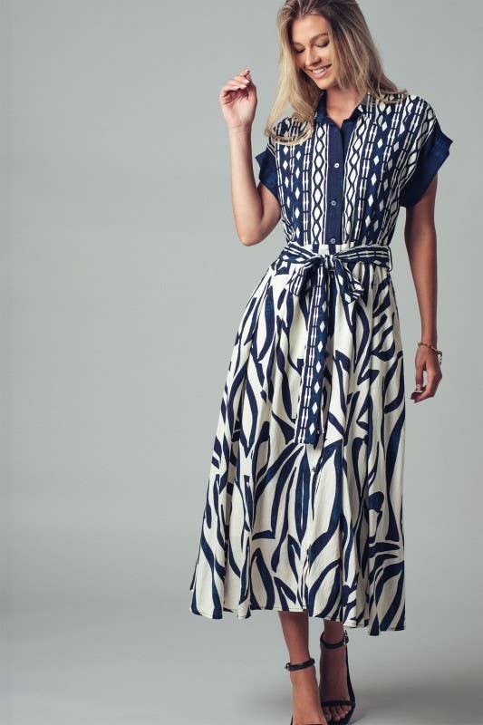 Abstract Print Button-Down Midi Dress: NAVY / S-2/M-2/L-2