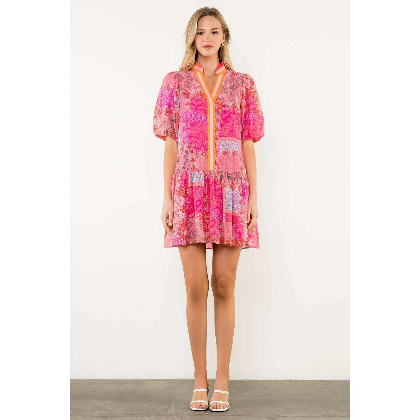 Puff Sleeve Multi Print Dress: PINK