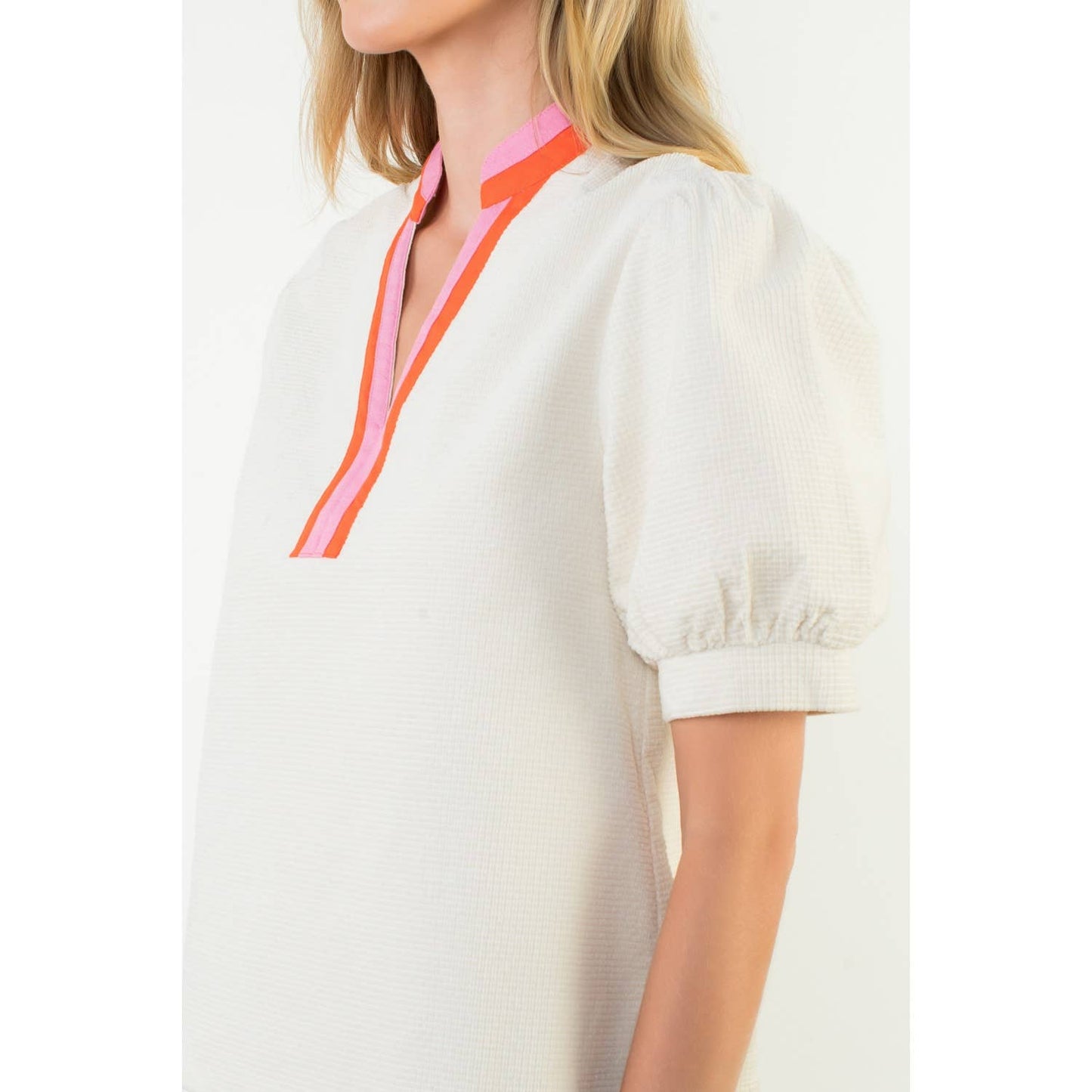 Breckan Puff Sleeve Textured V-Neck Top