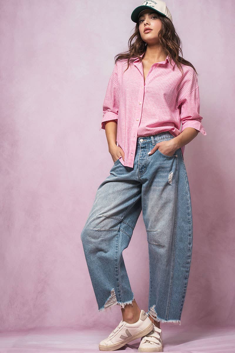 Timeless Pinstripe Button Up Shirt: PINK