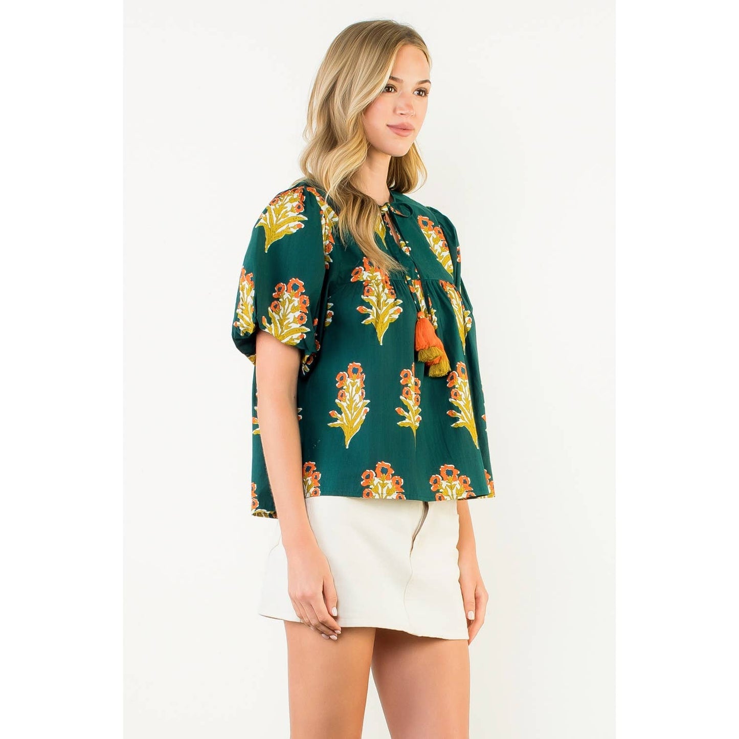Puff Sleeve Floral Detailed Tie Tassel Top: GREEN / XS-S-M-L(1-2-2-1)
