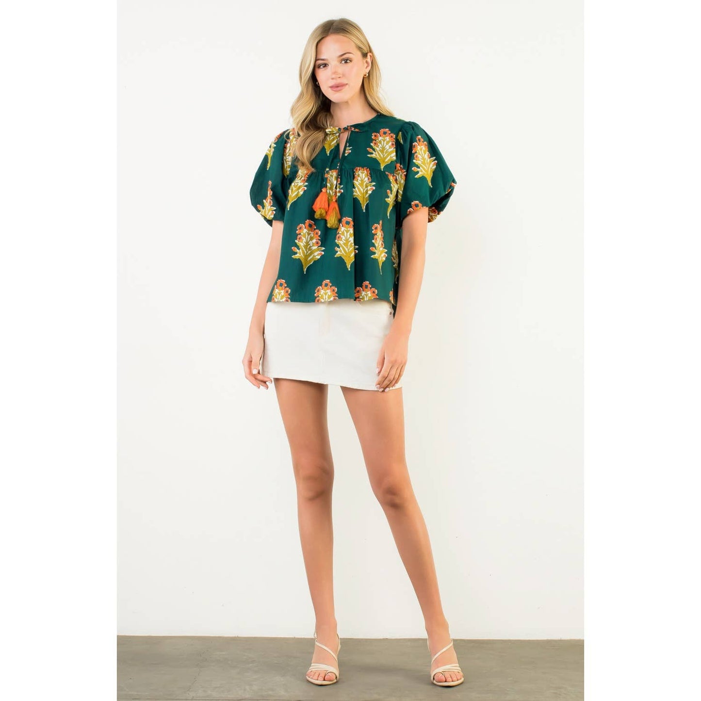 Puff Sleeve Floral Detailed Tie Tassel Top: GREEN / XS-S-M-L(1-2-2-1)