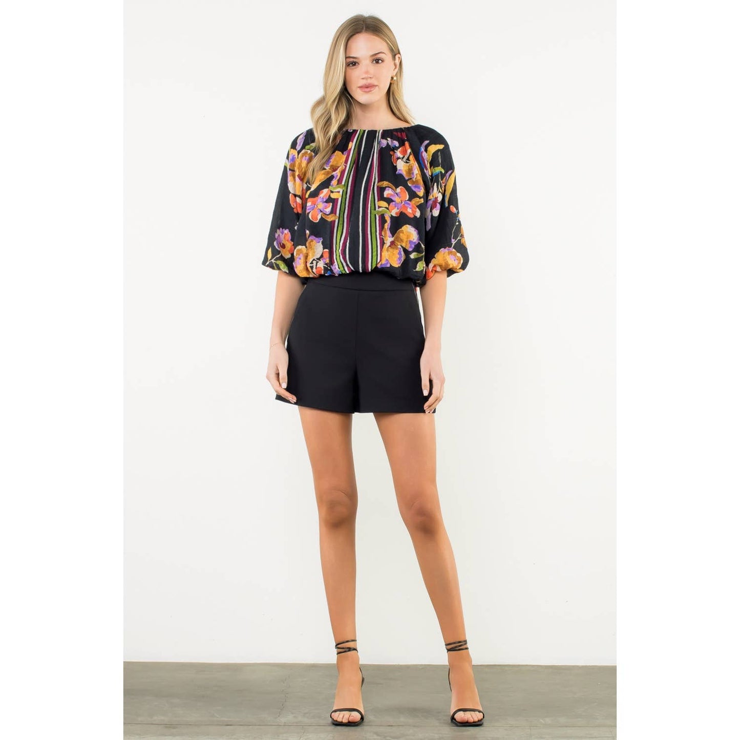 Striped Floral Puff Sleeve Blouse: BLACK / XS-S-M-L(1-2-2-1)