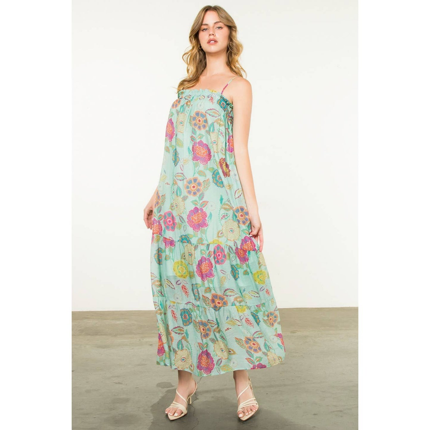 Ansley Strap Tie Floral Maxi Dress: MINT