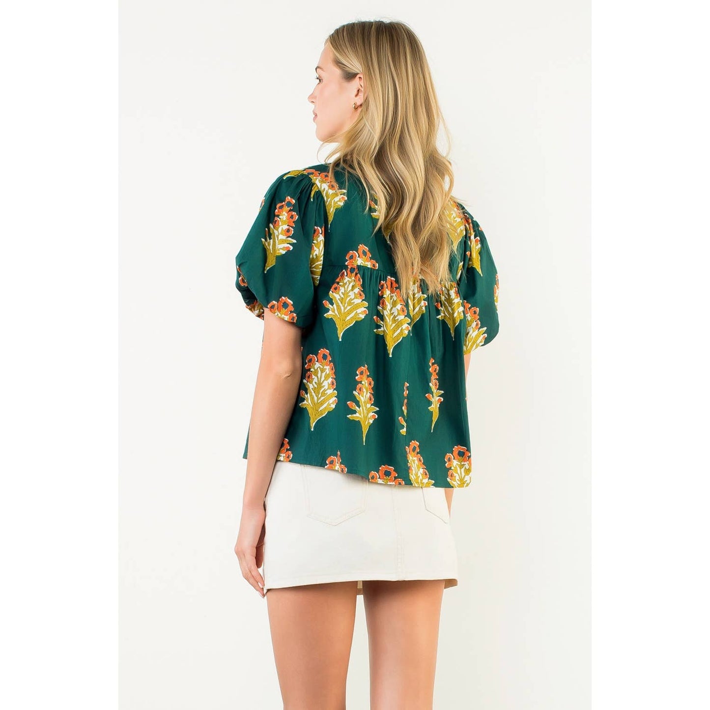 Puff Sleeve Floral Detailed Tie Tassel Top: GREEN / XS-S-M-L(1-2-2-1)