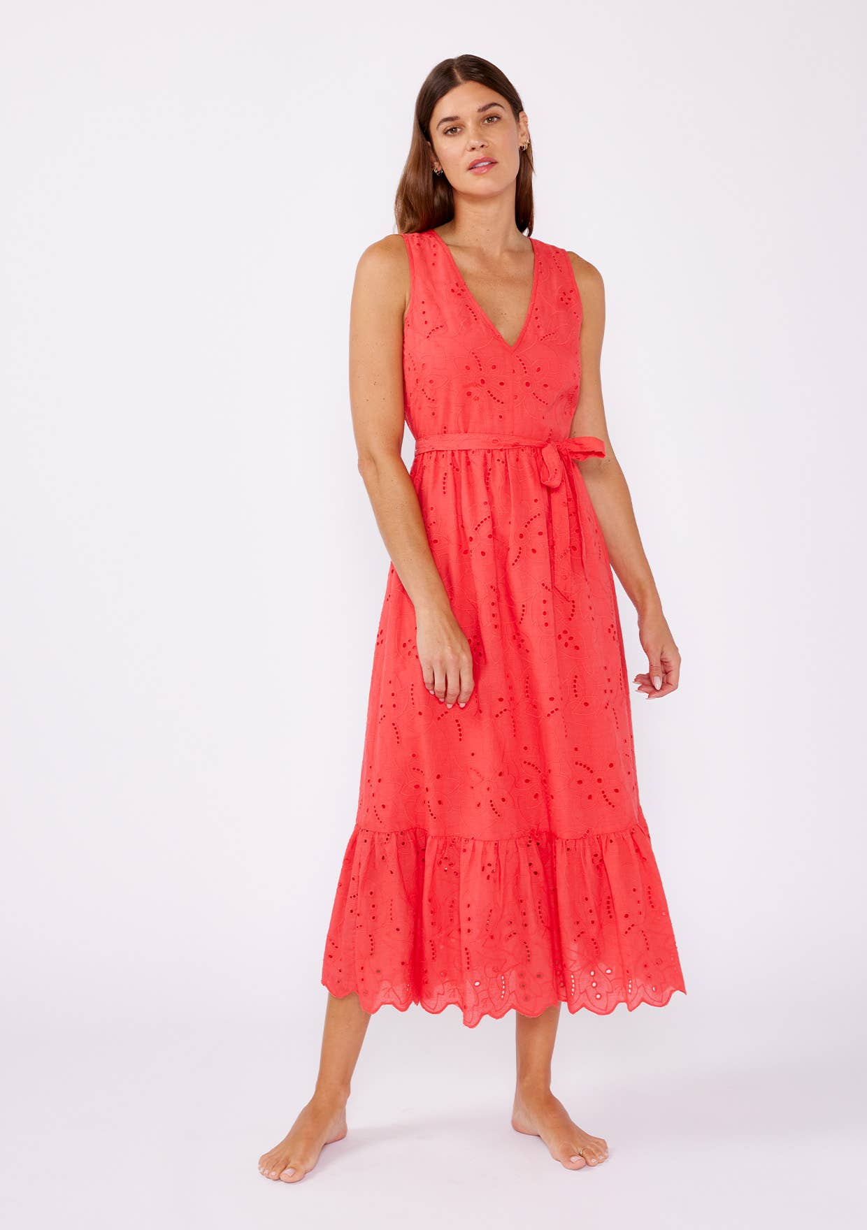 V-Neck Eyelet Midi Dress with Waist Belt: Coral
