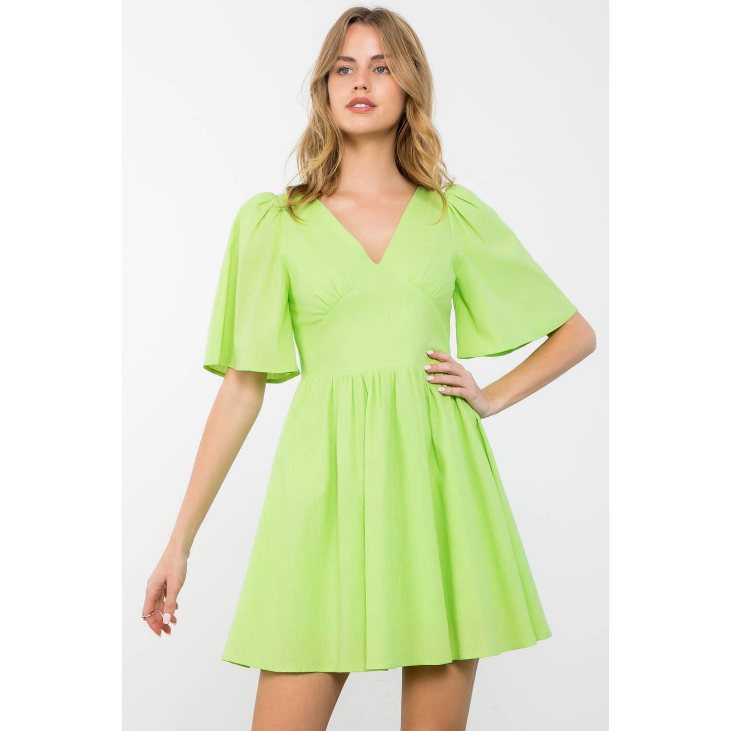 Avery Puff Sleeve V-Neck Solid Mini Dress: LIME