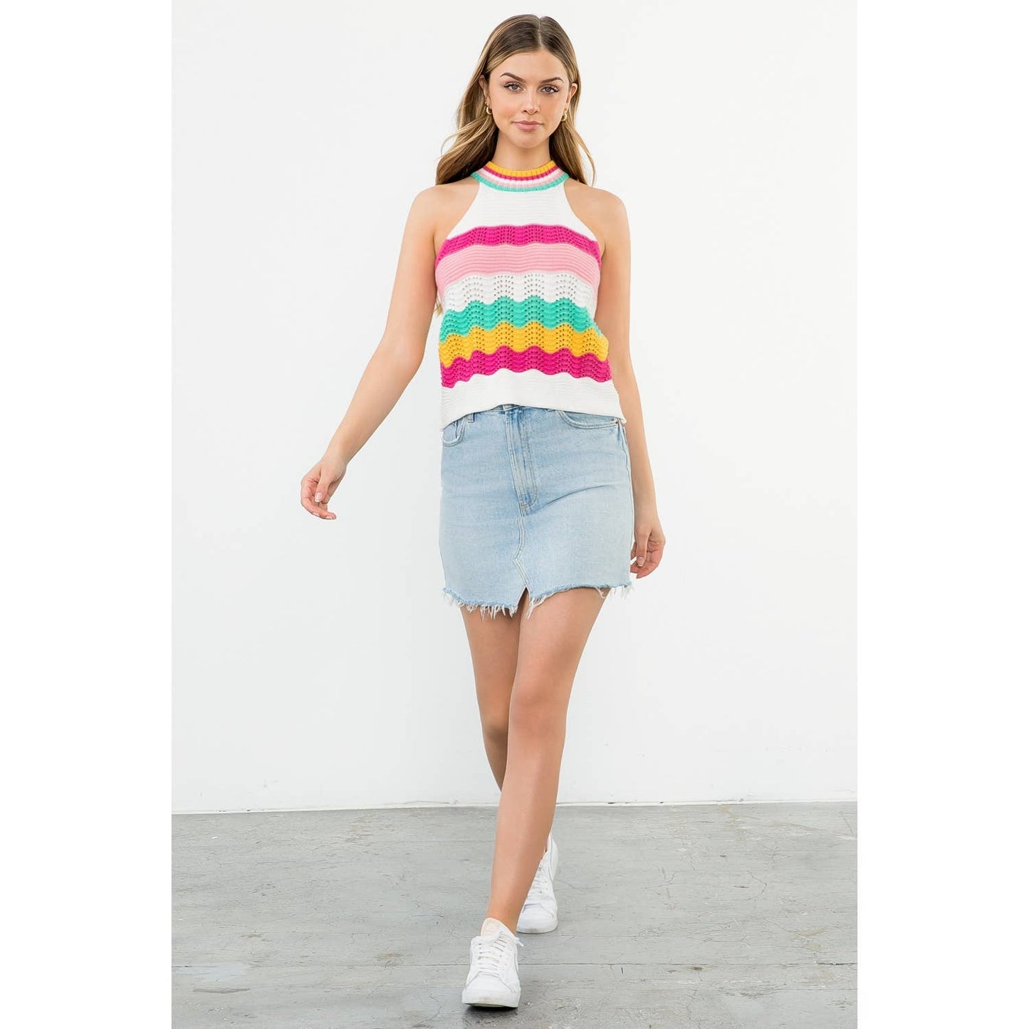 Cream Sleeveless Halter Knit Top with Color Stripe Detail: CREAM