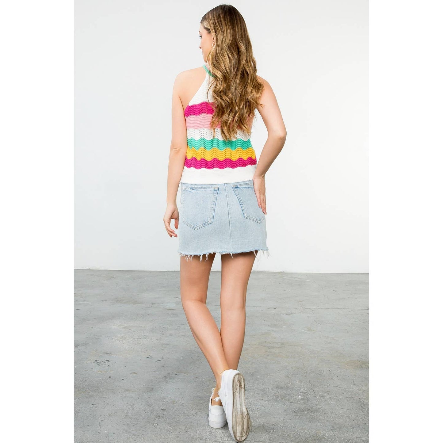 Cream Sleeveless Halter Knit Top with Color Stripe Detail: CREAM