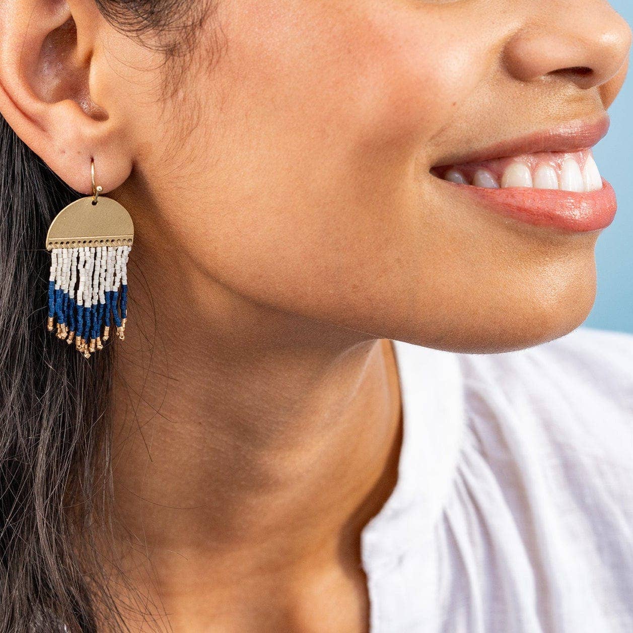 Claudia Beaded Fringe Earrings: Navy