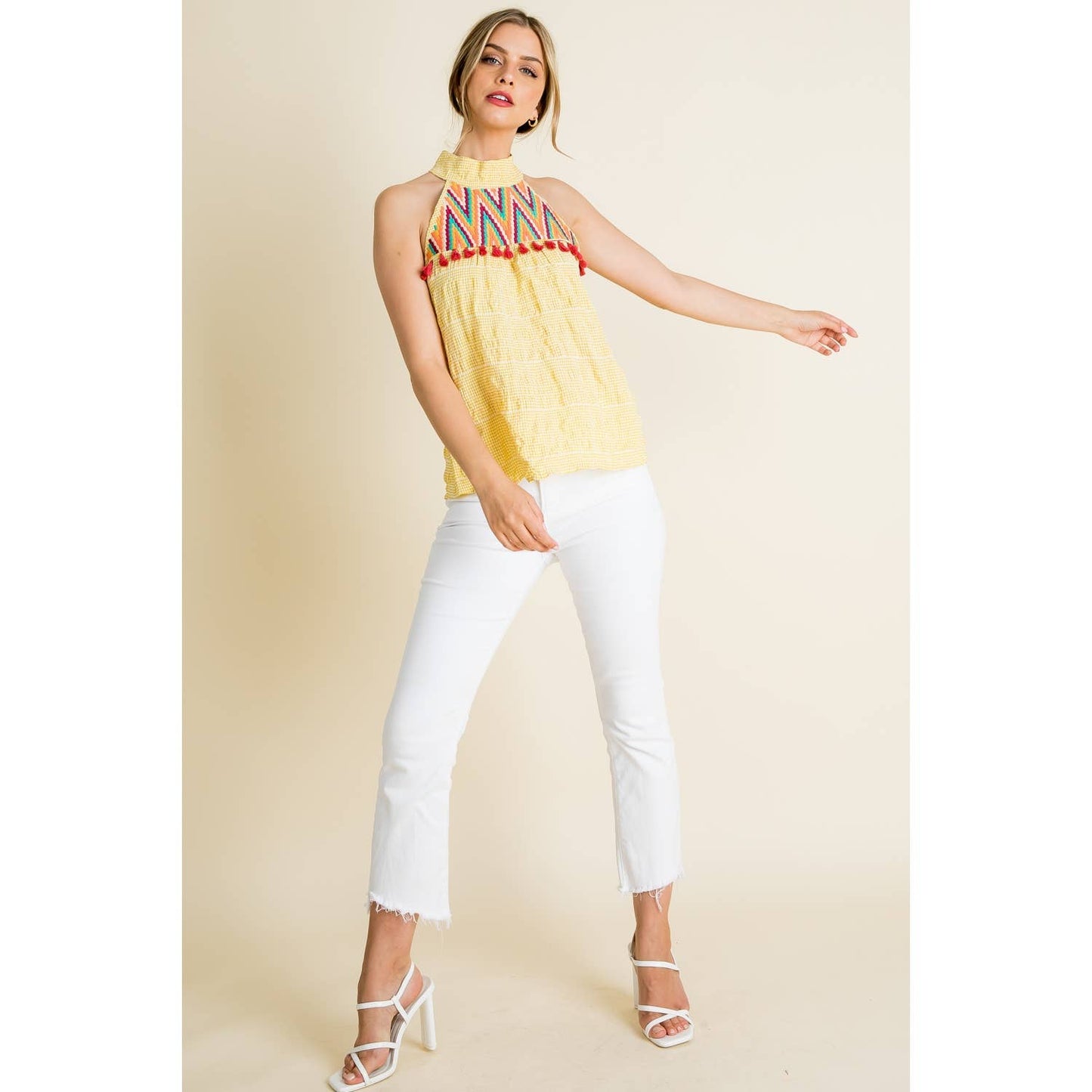 Embroidered Gingham Print Halter Top