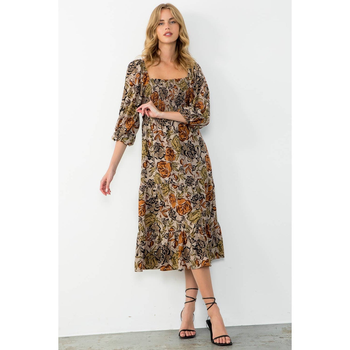 Balloon Sleeve Smocked Floral Print Maxi Dress: TAUPE / XS-S-M-L(1-2-2-1)