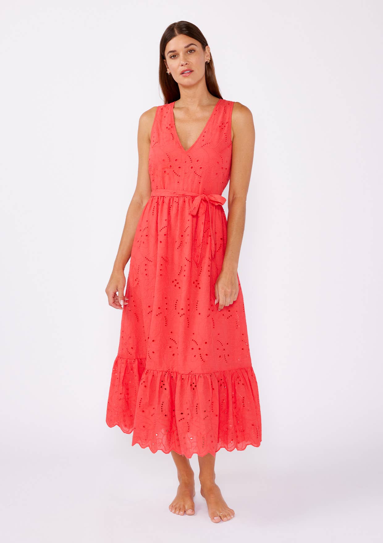 V-Neck Eyelet Midi Dress with Waist Belt: Coral