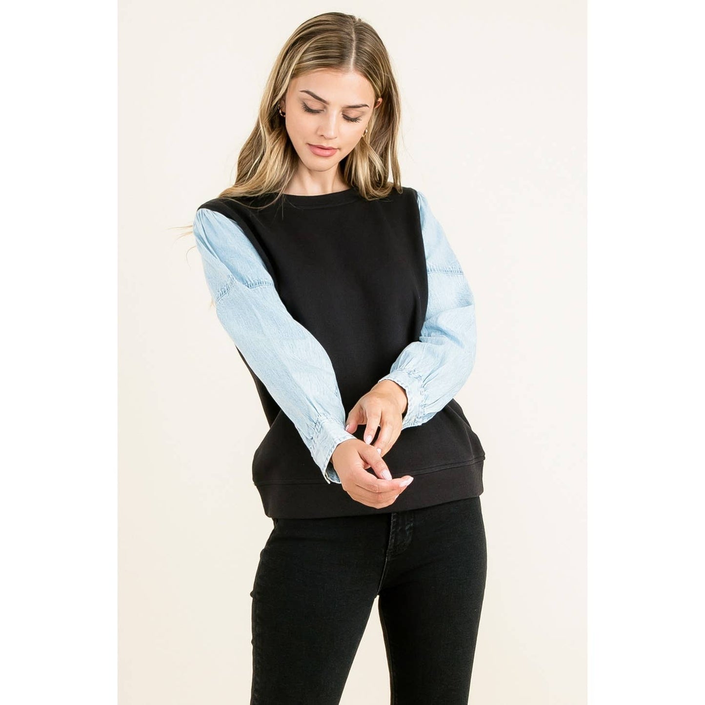 Knit Denim Sleeve Top: BLACK