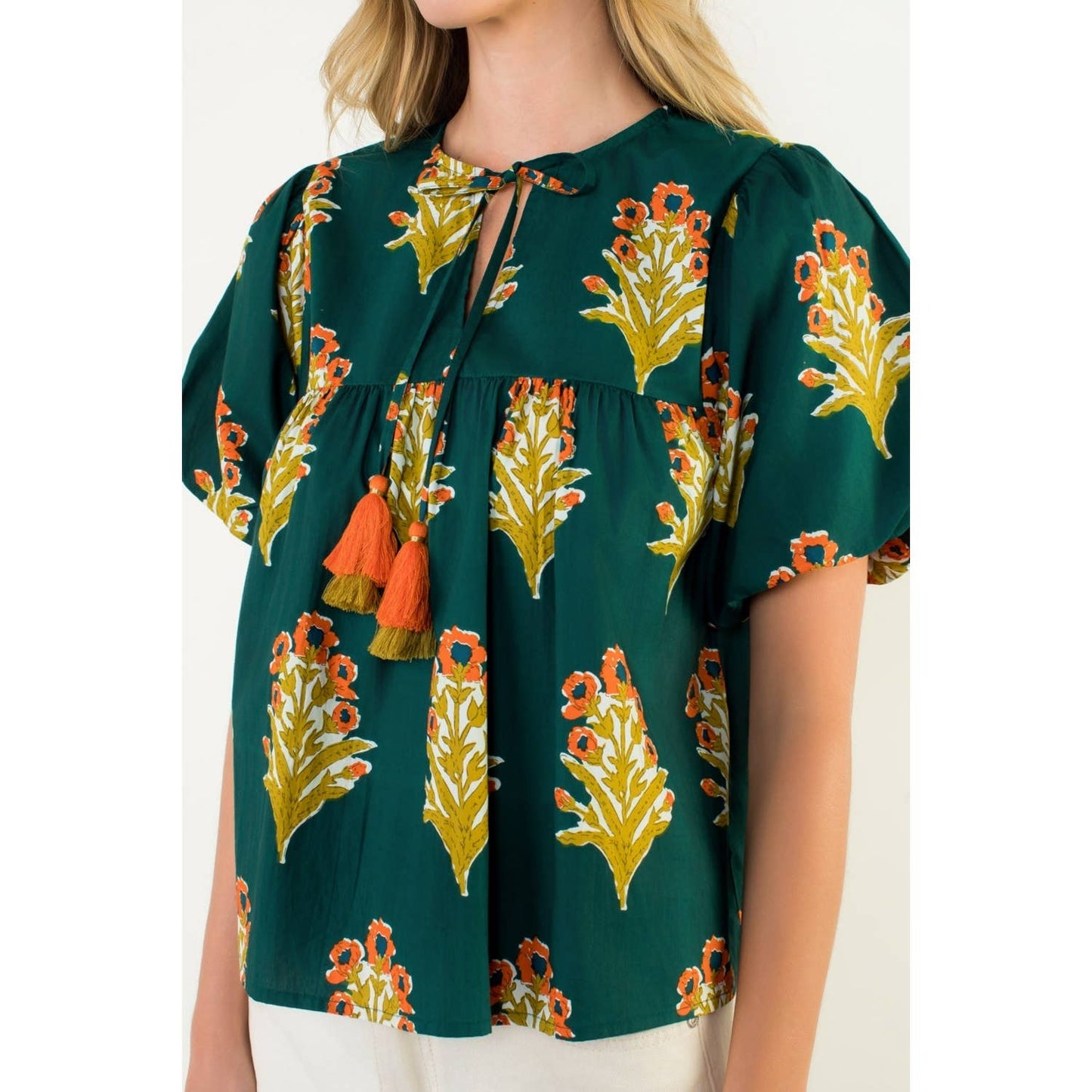 Puff Sleeve Floral Detailed Tie Tassel Top: GREEN / XS-S-M-L(1-2-2-1)