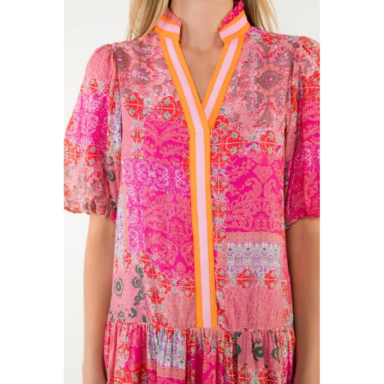 Puff Sleeve Multi Print Dress: PINK