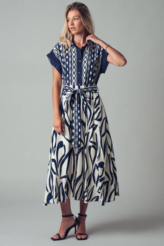 Abstract Print Button-Down Midi Dress: NAVY / S-2/M-2/L-2