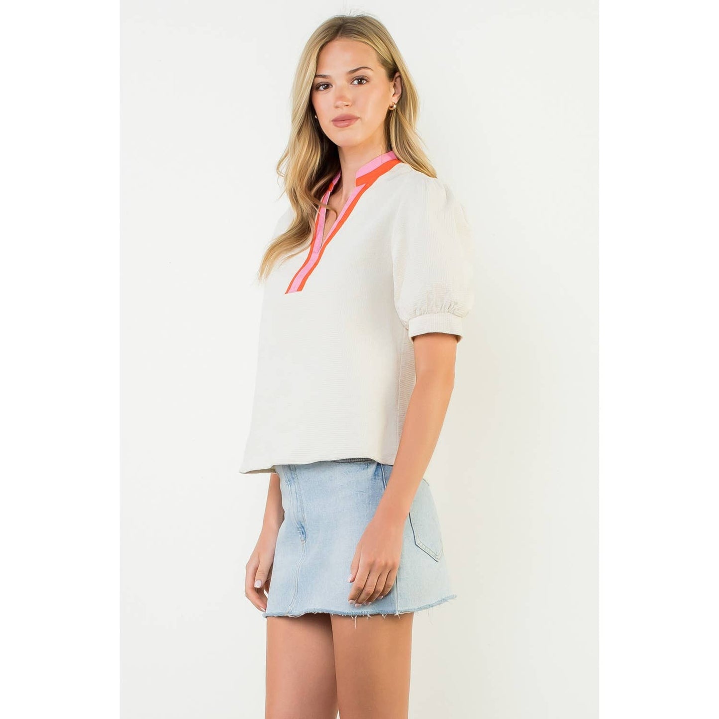 Breckan Puff Sleeve Textured V-Neck Top
