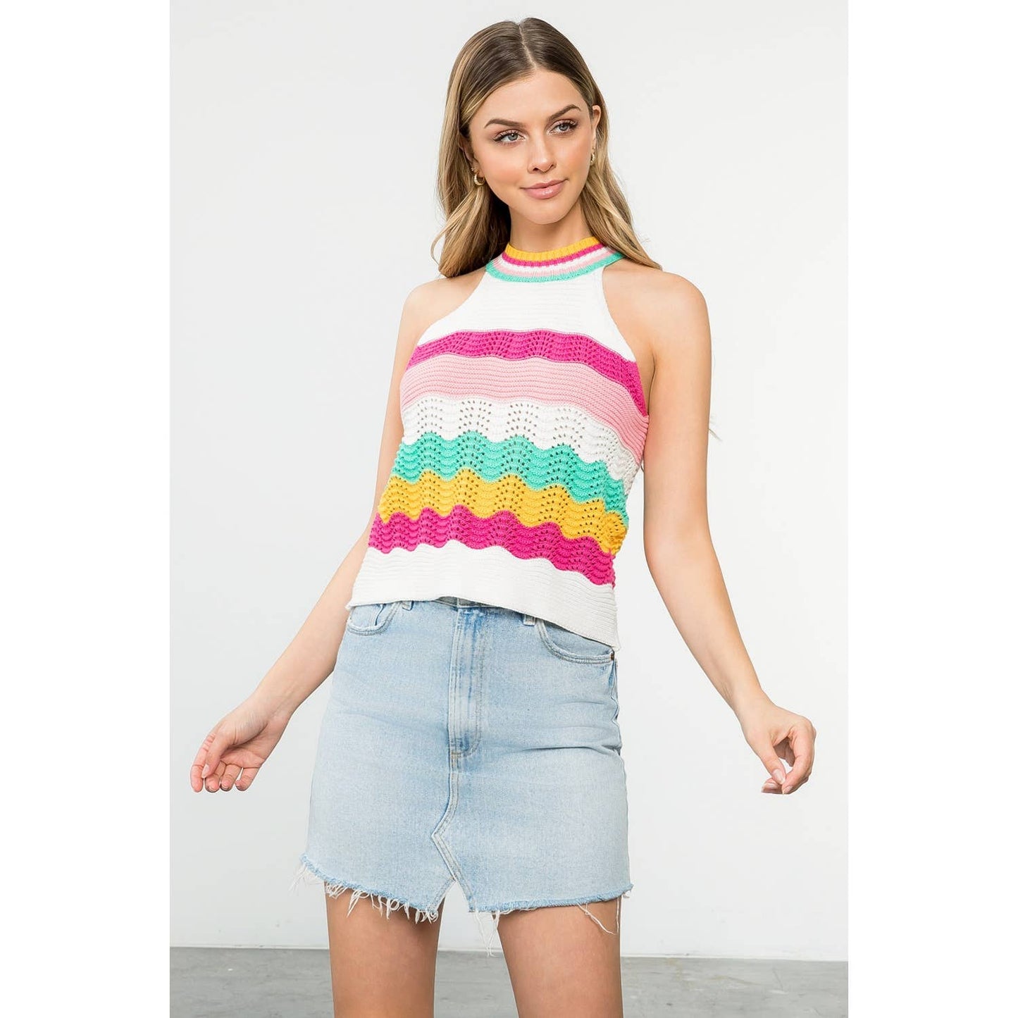 Cream Sleeveless Halter Knit Top with Color Stripe Detail: CREAM