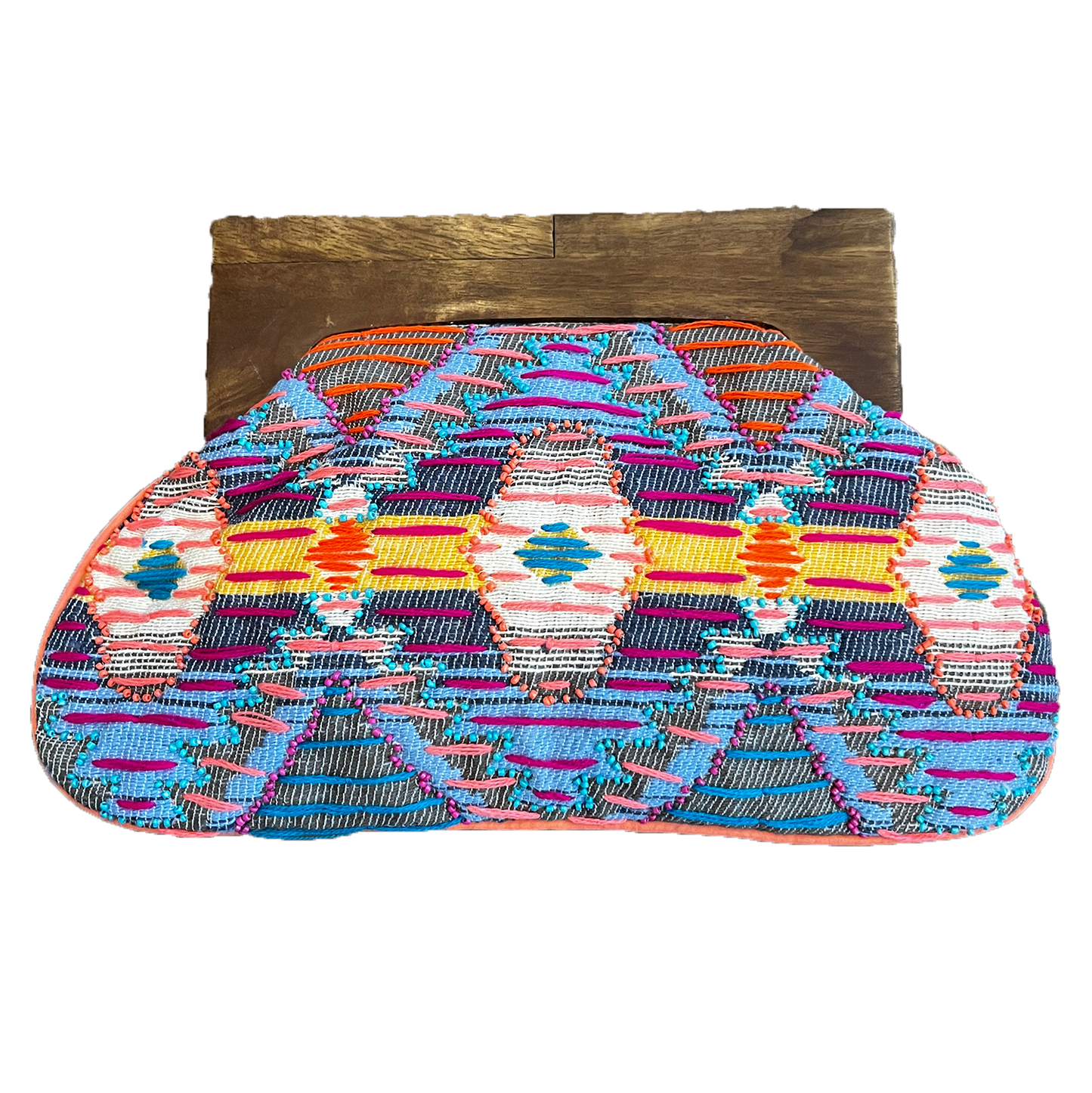 Colorful Woven Pure Cotton Wooden Handle Women's Clutch Bag