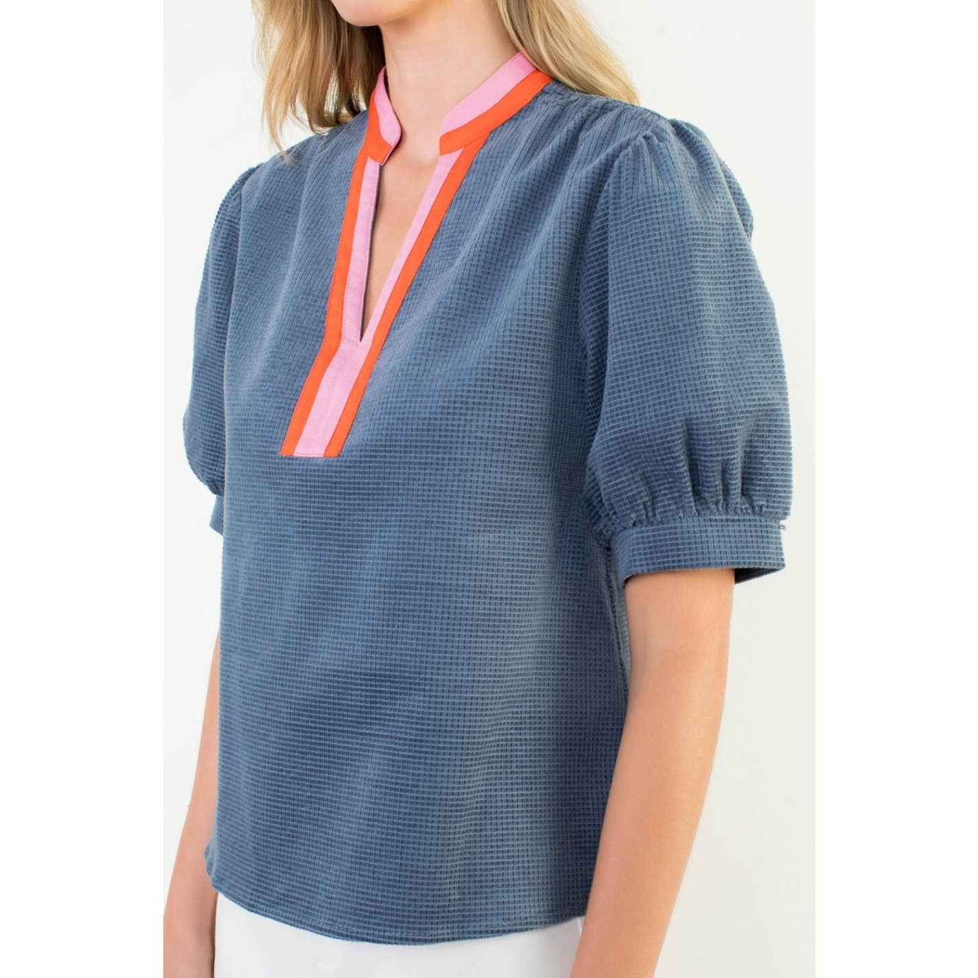 Breckan Puff Sleeve Textured V-Neck Top