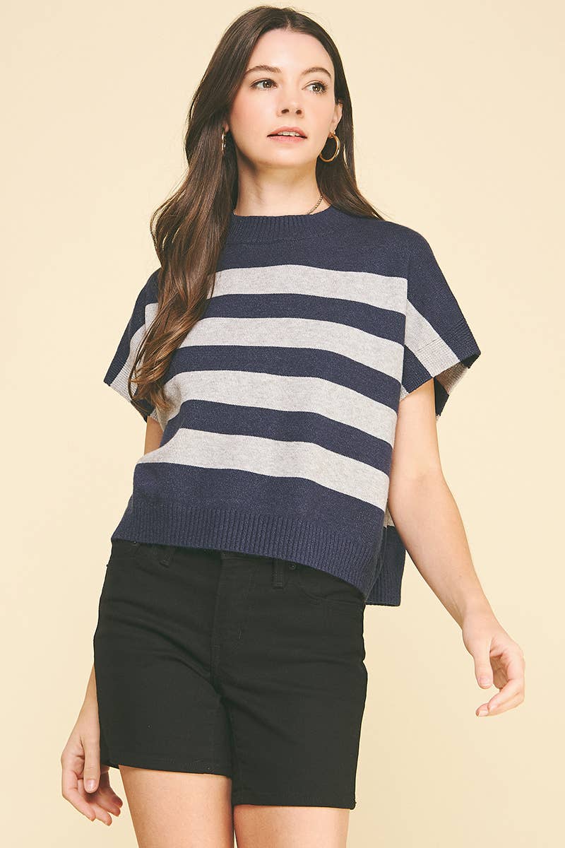 STRIPE SWEATER VEST - 4739WA: NAVY/GREY / M