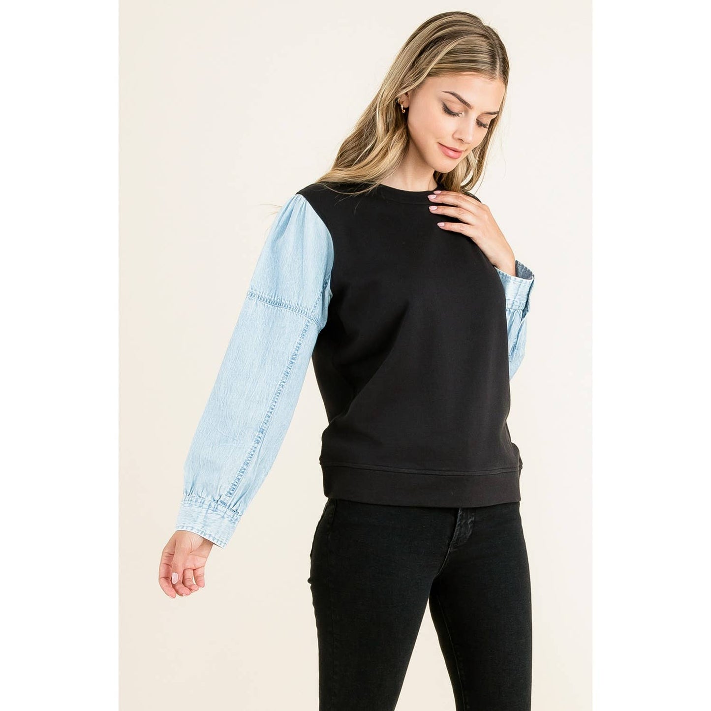 Knit Denim Sleeve Top: BLACK