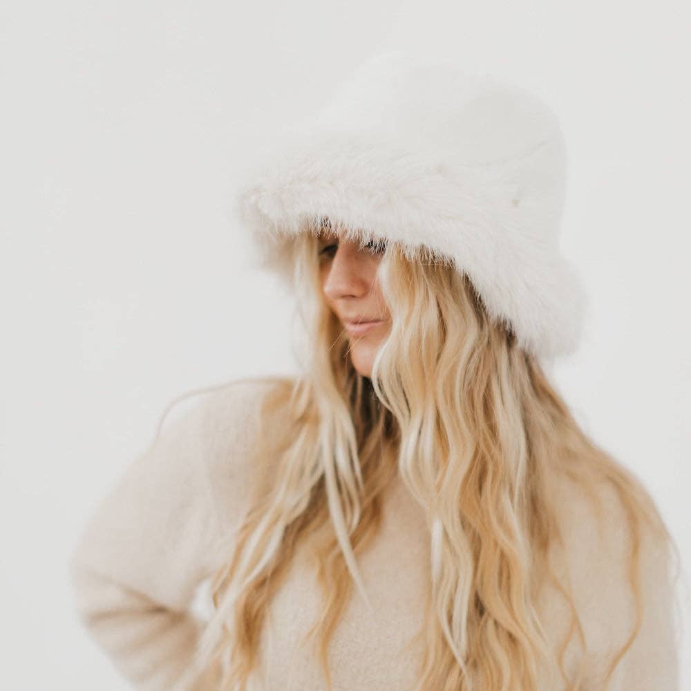 Faux Fur Flora Bucket Hat: Cream