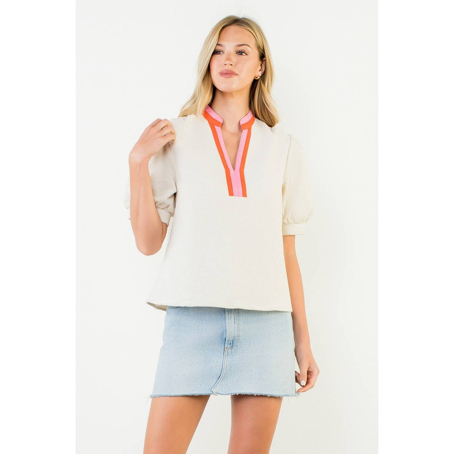 Breckan Puff Sleeve Textured V-Neck Top