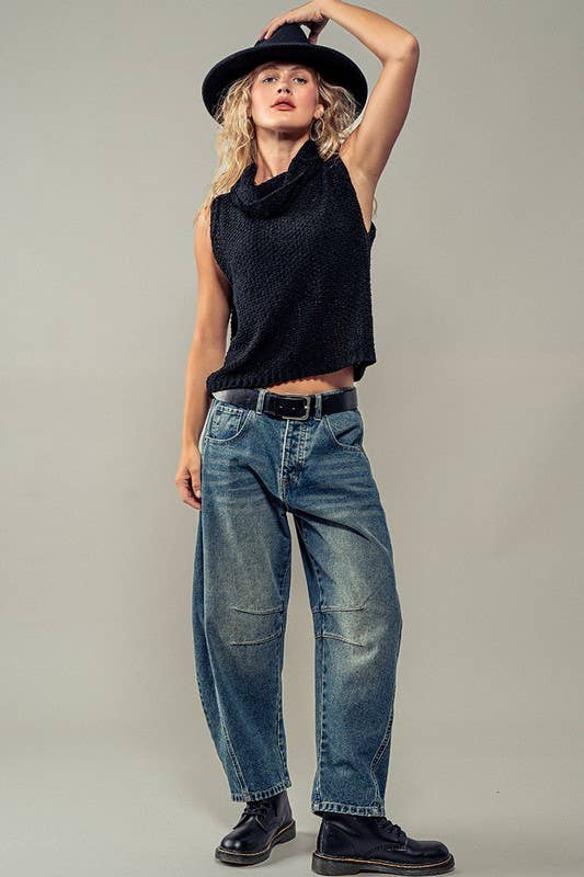 Taylor Sleeveless Cowl Neck Crochet Top: BLACK