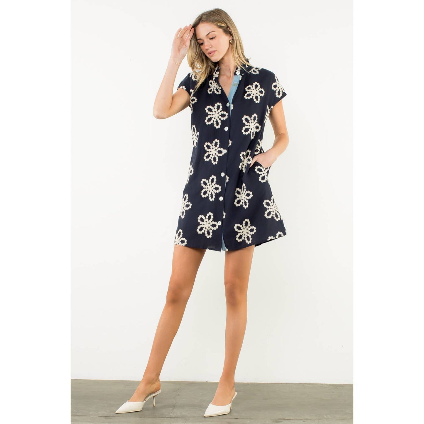 Fallon Embroidered Cap Sleeve Dress: NAVY