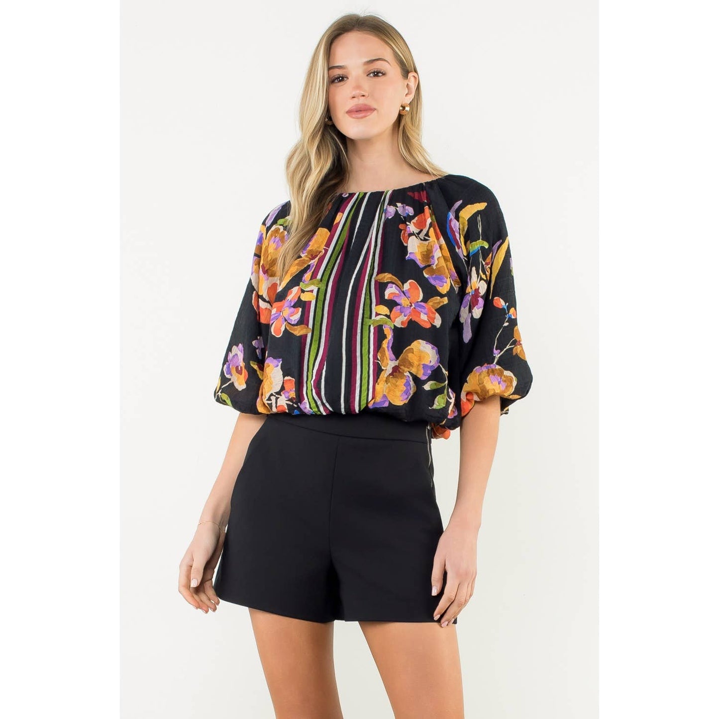 Striped Floral Puff Sleeve Blouse: BLACK / XS-S-M-L(1-2-2-1)