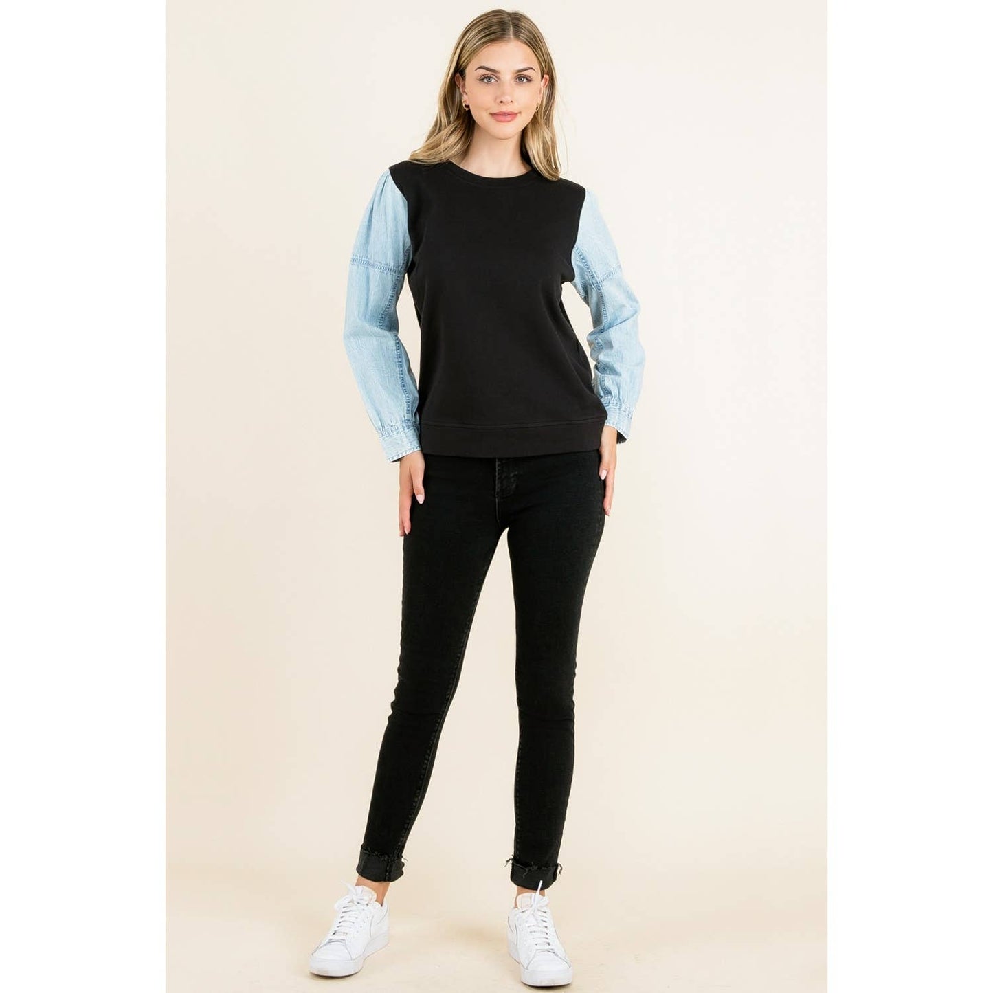 Knit Denim Sleeve Top: BLACK