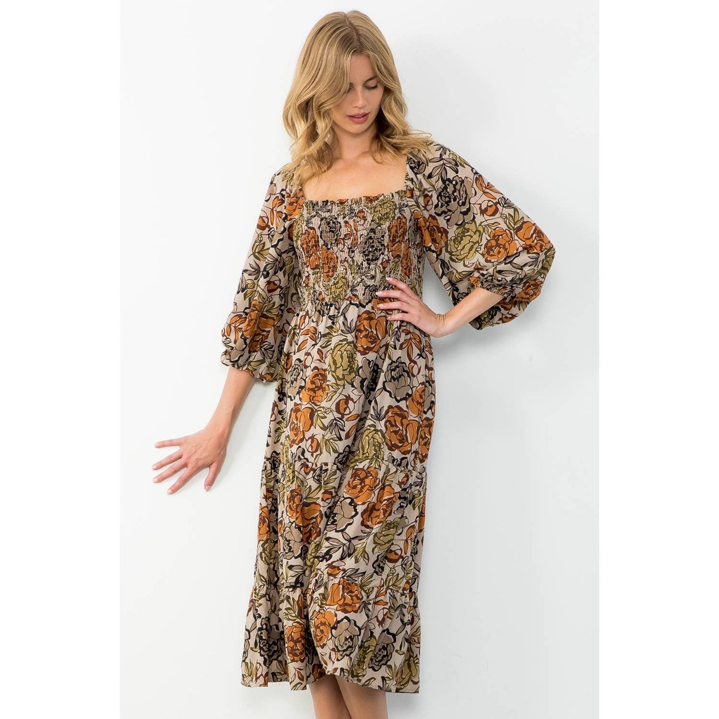 Balloon Sleeve Smocked Floral Print Maxi Dress: TAUPE / XS-S-M-L(1-2-2-1)